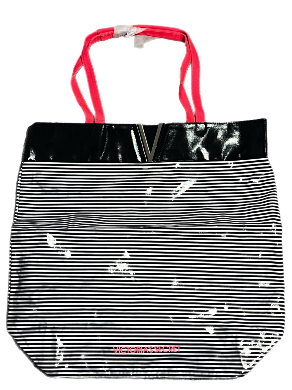 NWT Victoria's Secret Black & White Striped Tote with Pink Logo and Straps